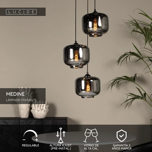 Lucide MEDINE - Lámpara colgante - Ø 46 cm - 3xE27 - Ahumado - USP